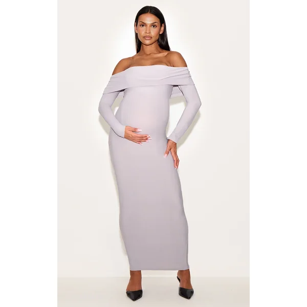 Maternity Light Grey Soft Touch Fold Over Bardot Maxi Dress