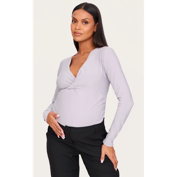 Maternity Light Grey Soft Touch Ruched Long Sleeve Longline Top