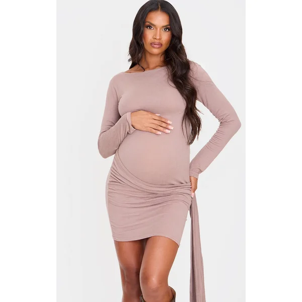 Maternity Mocha Brushed Tie Front Mini Dress