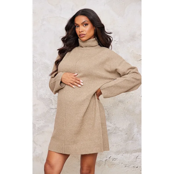 Maternity Mocha Soft Knit Roll Neck Oversized Seam Detail Sweater Dress
