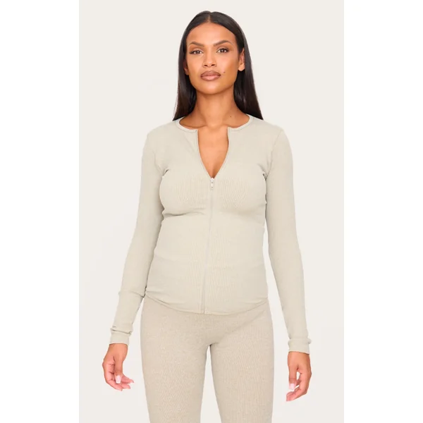 Maternity Moss Sand Ribbed Zip Up Cardigan