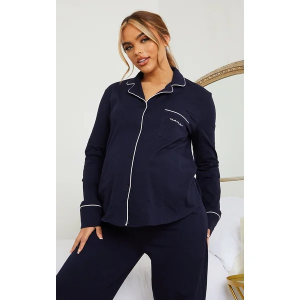 Maternity Navy Mama Long Sleeve Button Up PJ Top
