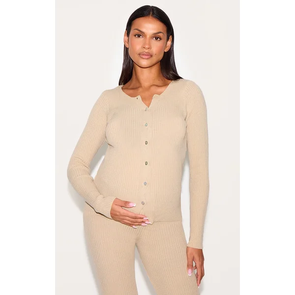 Maternity Oatmeal Button Up Long Sleeve Rib Knit Top
