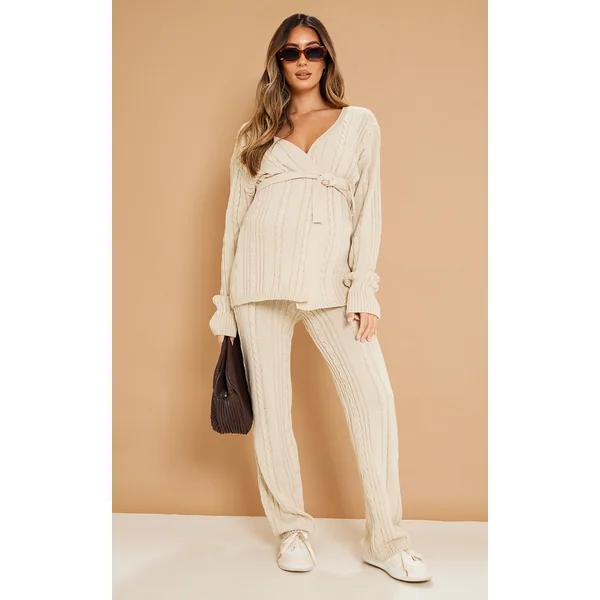 Maternity Oatmeal Cable Knit Wide Leg Flare