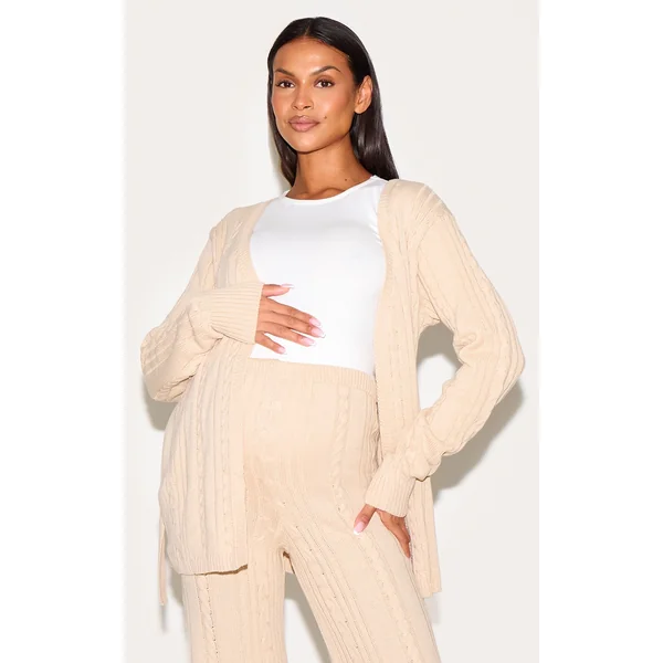 Maternity Oatmeal Cable Knit Wrap Cardigan