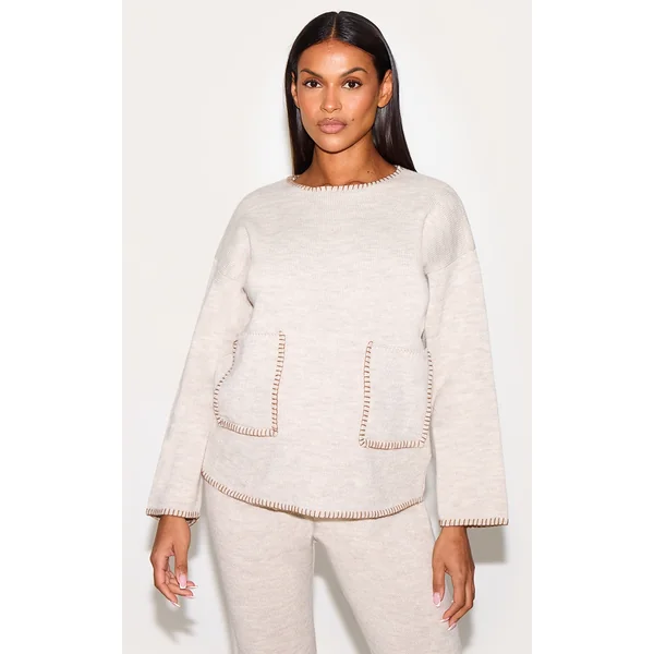 Maternity Oatmeal Knitted Contrast Stitch Pocket Detail Sweater