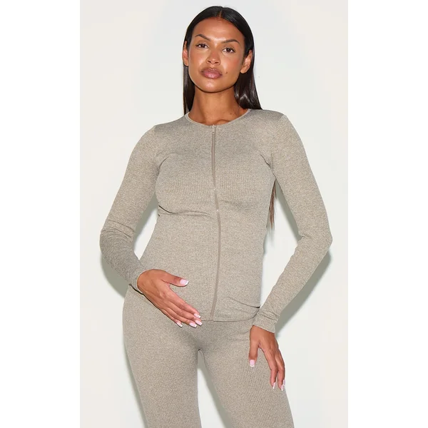 Maternity Olive Ribbed Zip Up Cardigan