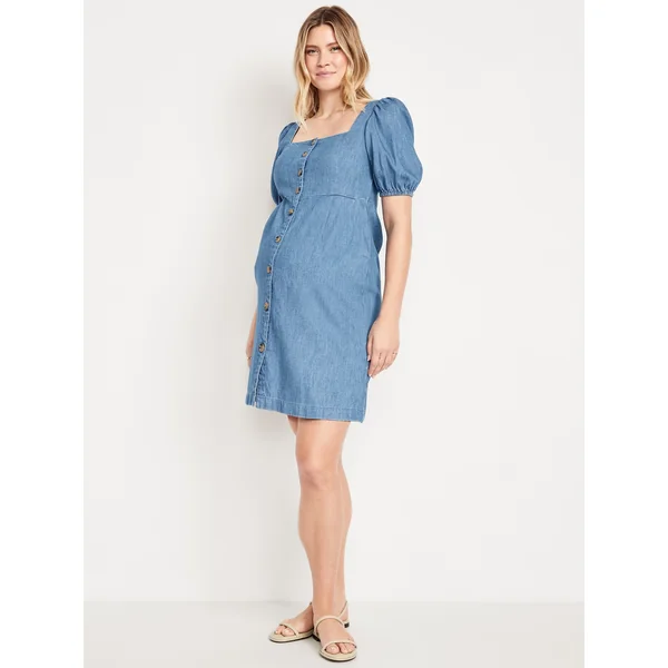 Maternity Puff-Sleeve Mini Dress - Medium Wash