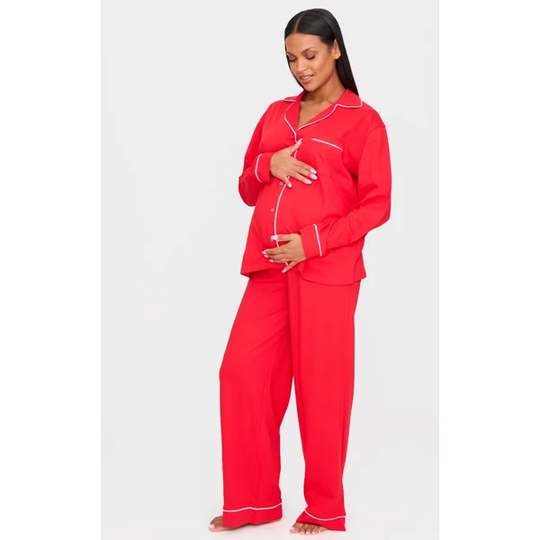 Maternity Red Jersey Piping Detail Long Pj Set