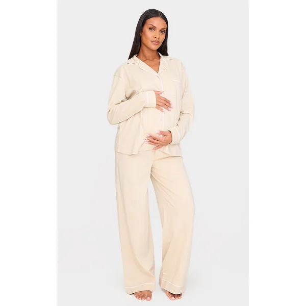 Maternity Sand Jersey Piping Detail Long Pj Set