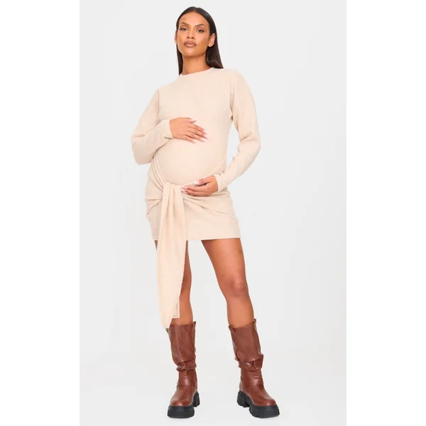 Maternity Stone Brushed Waffle Tie Front Mini Dress