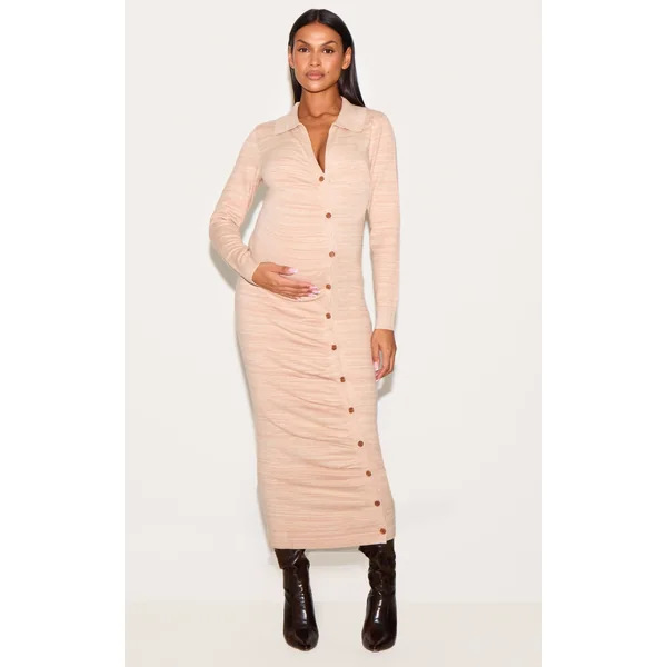 Maternity Stone Knitted Asymmetric Buttons Ruched Bump Midi Dress