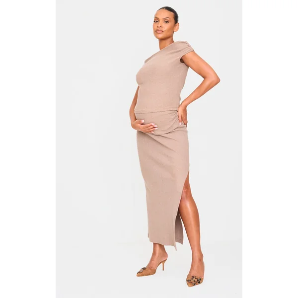 Maternity Taupe Brushed Rib Ruched Detail Foldover Maxi Skirt
