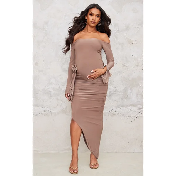 Maternity Taupe Slinky Off The Shoulder Flower Detail Maxi Dress