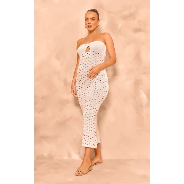Maternity White Open Knit Bandeau Midaxi Dress