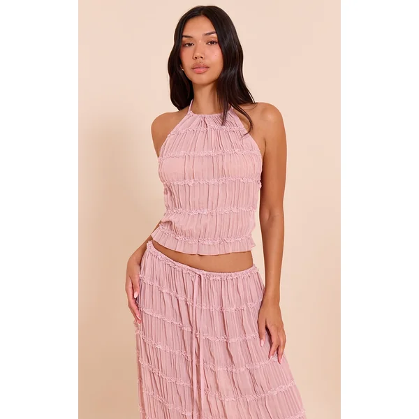 Mauve Chiffon Ruched Frill Detail Halterneck Top