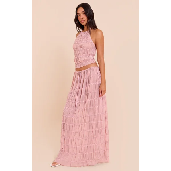 Mauve Chiffon Ruched Frill Detail Tiered Maxi Skirt