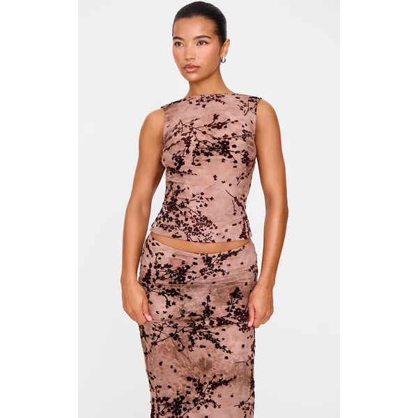 Mauve Floral Print Devore Mesh Backless Top
