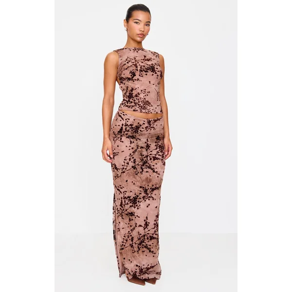 Mauve Floral Print Devore Mesh Ruched Maxi Skirt
