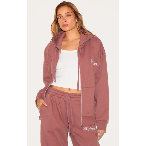 Mauve Healthy Body & Mind Premium Embroidered Zip Front Oversized Hoodie