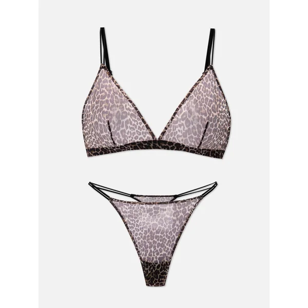 Mesh Triangle Bra and Thong Set - Brown