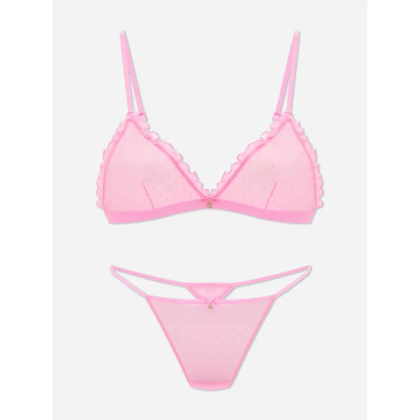 Mesh Triangle Bra and Thong Set - Pink