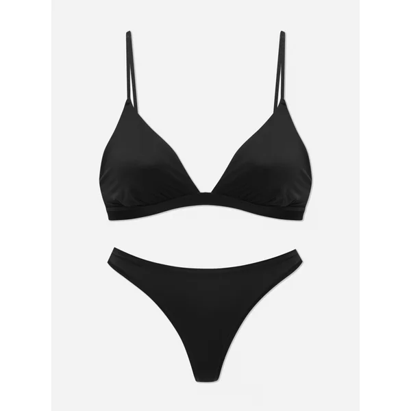 Microfiber Triangle Bra and Thong Set - Black