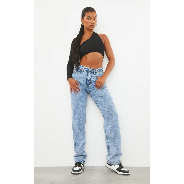 Mid Blue Acid Wash High Waist Straight Leg Jeans