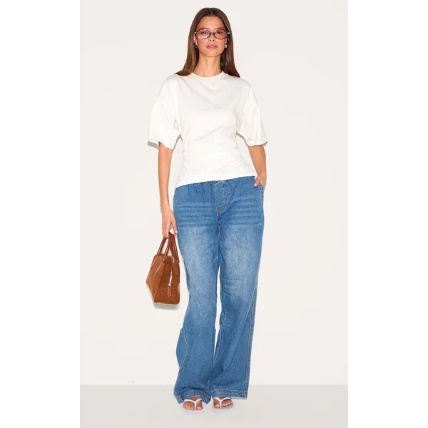 Mid Blue Elasticated Waistband Wide Leg Jeans