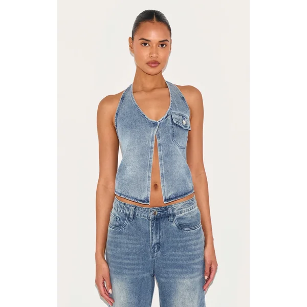 Mid Blue Halterneck Denim Vest