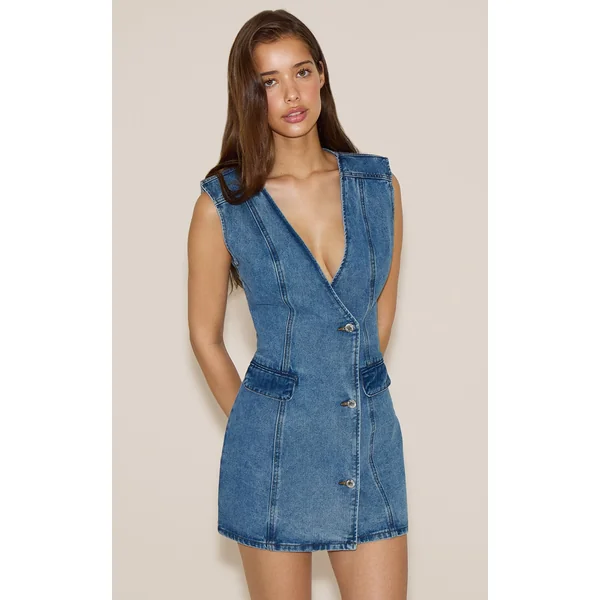 Mid Blue Wash Button Up Vest Style Denim Dress