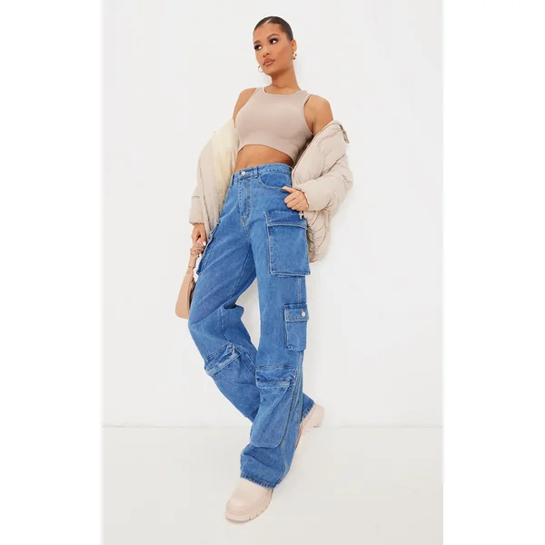 Mid Blue Wash Cargo Pocket Detail Wide Leg Jeans