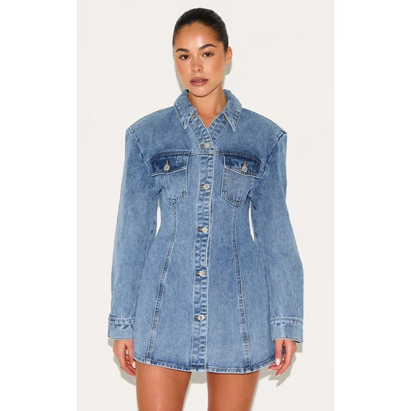 Mid Blue Wash Cinched Waist Denim Shirt Dress