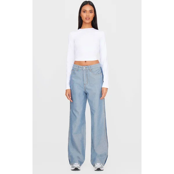 Mid Blue Wash Contrast Panel Denim Straight Leg Jeans