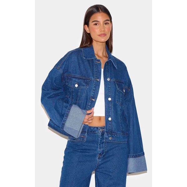 Mid Blue Wash Contrast Stitch Turn Up Cuff Oversized Denim Jacket