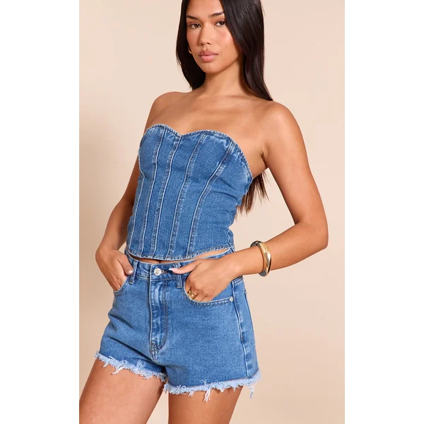 Mid Blue Wash Denim Frayed Hem Shorts