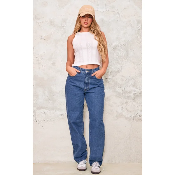 Mid Blue Wash Dipped Back Waistband Boyfriend Jeans