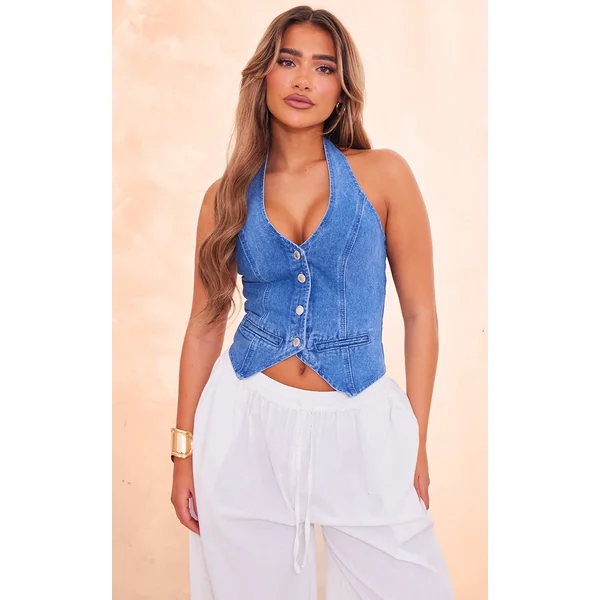 Mid Blue Wash Halterneck Denim Vest