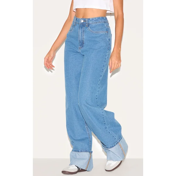 Mid Blue Wash High Waist Turn Up Leg Jeans