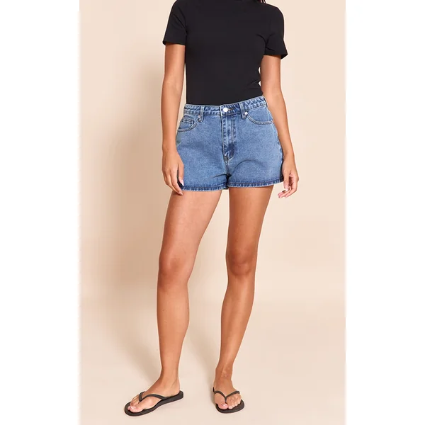 Mid Blue Wash High Waisted Mom Shorts