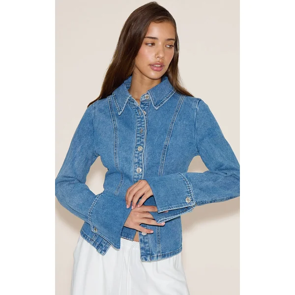 Mid Blue Wash Long Sleeve Cinch Waist Denim Shirt
