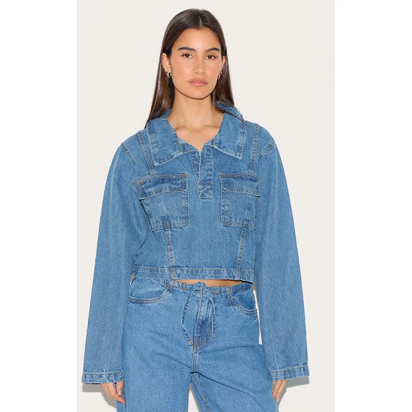 Mid Blue Wash Long Sleeve Denim Rugby Shirt