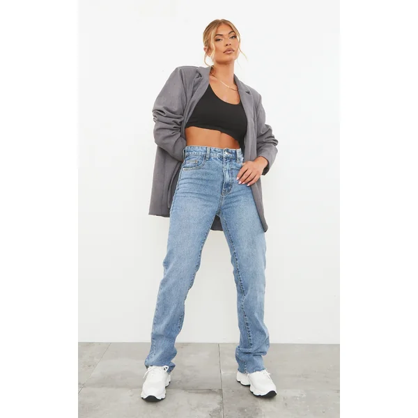 Mid Blue Wash Long Straight Leg Raw Hem Jeans