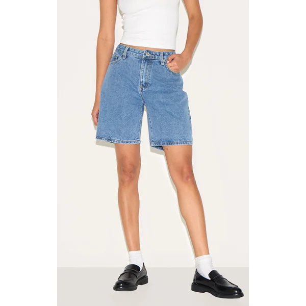 Mid Blue Wash Low Rise Denim Jorts