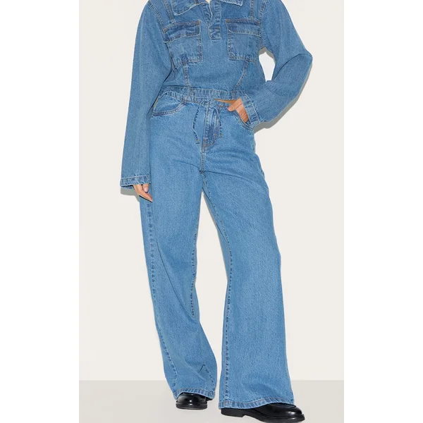 Mid Blue Wash Low Rise Tie Waistband Wide Leg Jeans