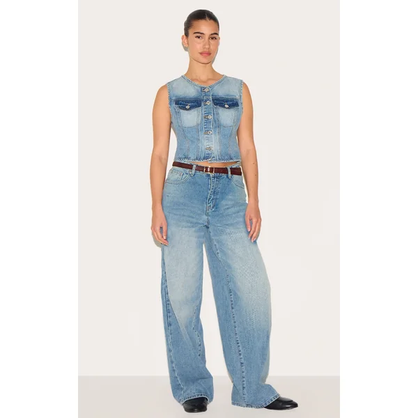 Mid Blue Wash Low Rise Wide Leg Jeans