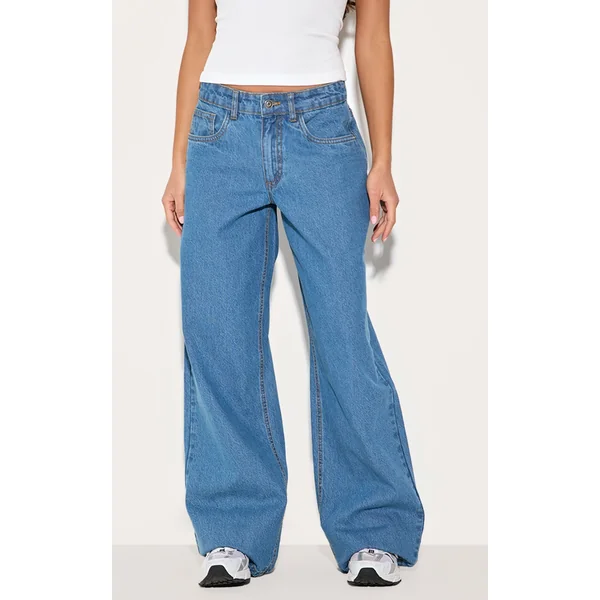 Mid Blue Wash Low Waist Wide Leg Jeans