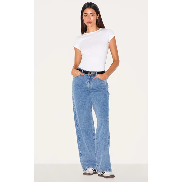 Mid Blue Wash Mid Rise Straight Leg Jeans
