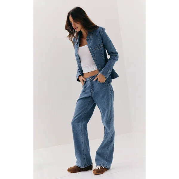 Mid Blue Wash Mid Waist Straight Leg Jeans
