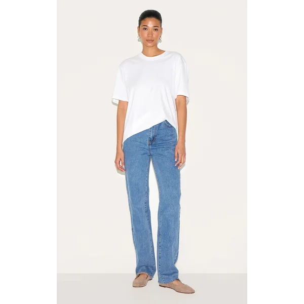Mid Blue Wash Raw Hem Straight Leg Jean